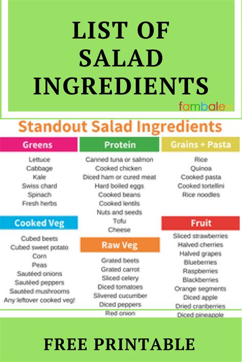 Printable list of salad ingredients which will allow you to mix and ...