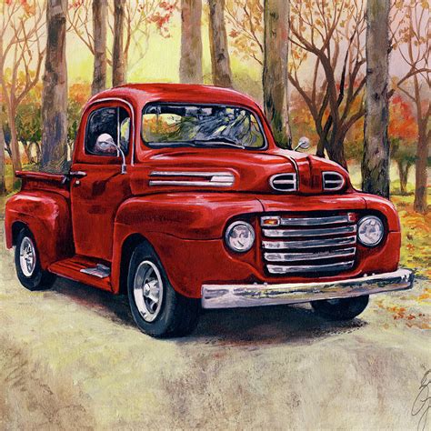 Vintage Red Pick Up Truck Painting by Gina Jane