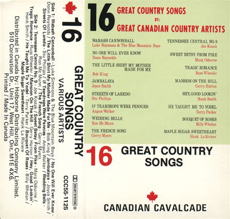 16 Great Country Songs By Great Canadian Country Artists (Cassette ...