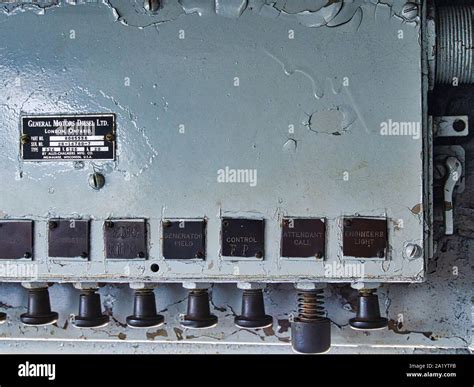 EMD F7 railroad engine controls details inside cab Stock Photo - Alamy