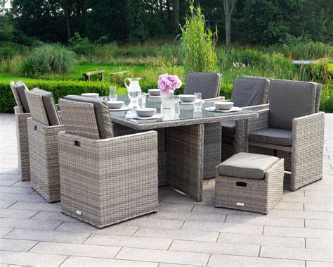 6 Seat Rattan Garden Cube Dining Set in Grey with 6 Footstools ...