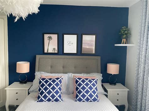 Dulux Sapphire Salute feature wall - bedroom design. Navy and blush ...