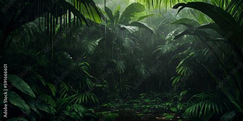 Jungle during heavy rain. Dark tropical forest with exotic plants, palm ...