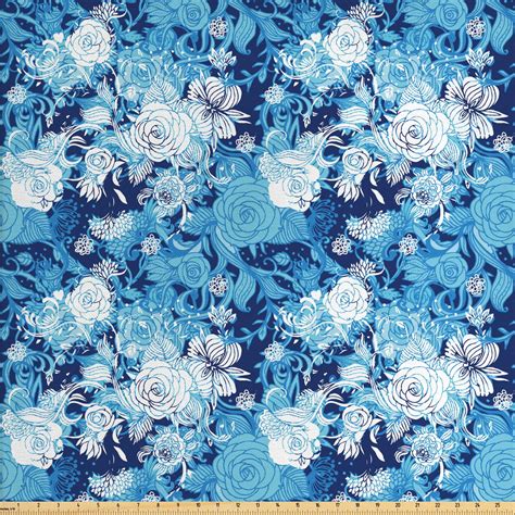 Flower Fabric by The Yard, Continuous Pattern of Blue Color Palette ...