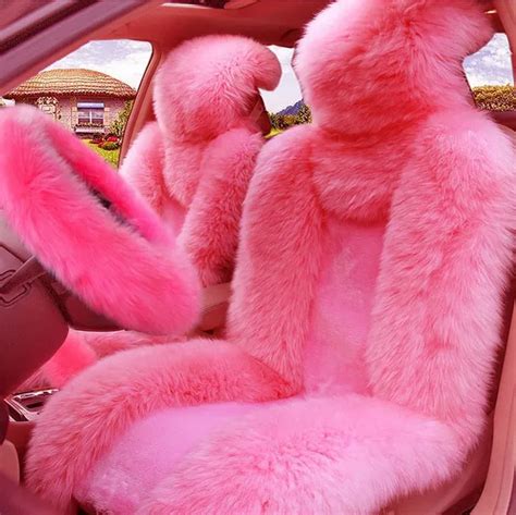 5Pcs Set Car Front Seat Cover & Fur Car Seat Steering Wheel Cover Pink ...