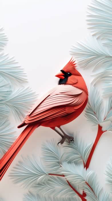 A papercut cardinal perches on a snowy pine branch, pops of red against ...