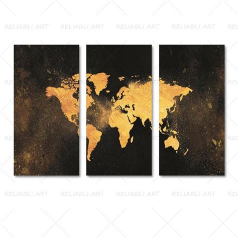 3 Panels World Map Canvas Paintings – Original Frame