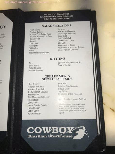 Menu at Cowboy Brazilian Steakhouse, Lexington