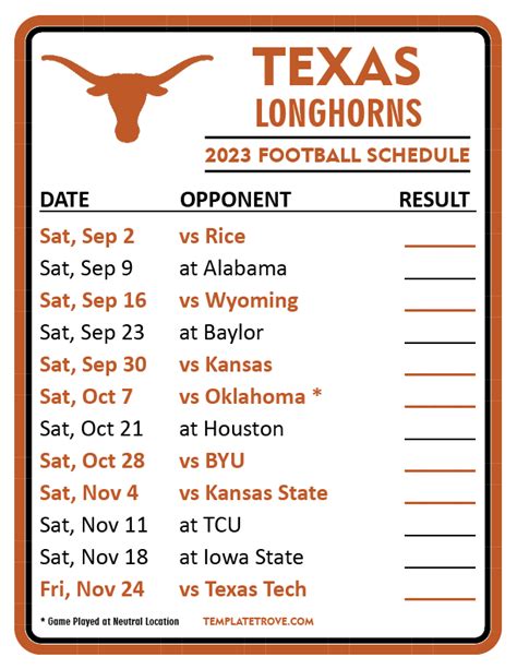 Printable 2023 Texas Longhorns Football Schedule