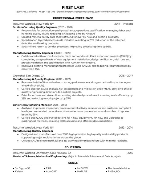 Manufacturing Quality Engineer Resume Example for 2023 | Resume Worded