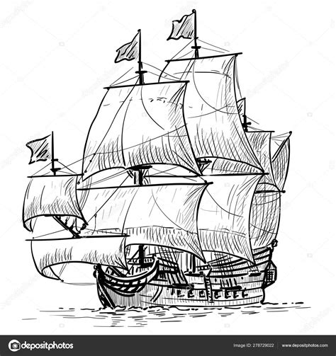 Sailing Ship vintage frigate on the waves. Hand drawn vector ...