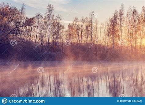 Fog Above the Lake at Autumn Morning. Stock Image - Image of sunny ...