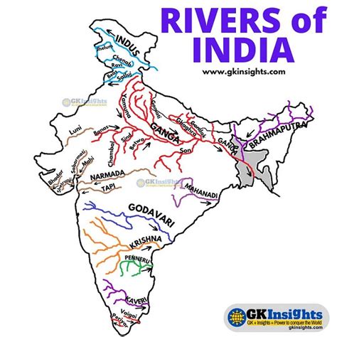 Rivers of India – Coloured Map & List: Easy to Remember – gkinsights.com