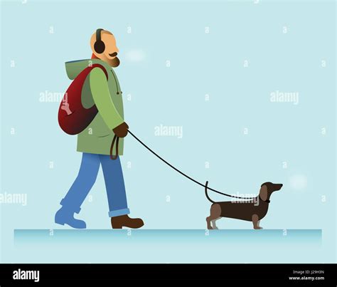 Illustration Bearded Man Walking With Dachshund Dog Cold Weather Stock