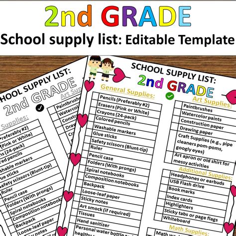 School Supply List Editable Template for 2nd Grade/ Second Grade/Back ...