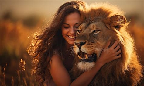 Premium Photo | A woman hugging a lion in a field