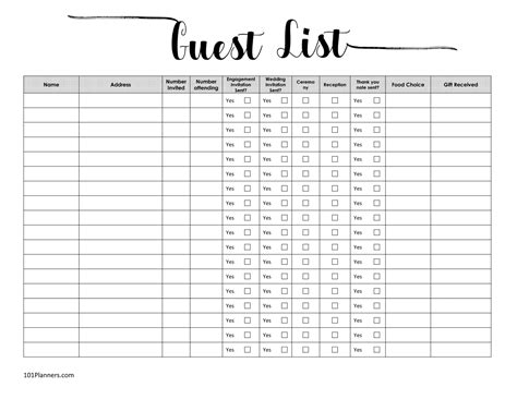 Printable Guest List Template