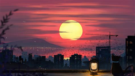 Cat Sunset City Scenery Anime 4K #860i Wallpaper PC Desktop