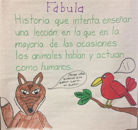 a piece of paper written in spanish with an image of a fox and a bird