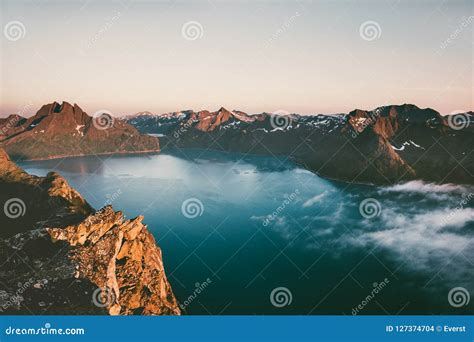 Sunset Mountains Over Sea Landscape in Norway Stock Photo - Image of ...