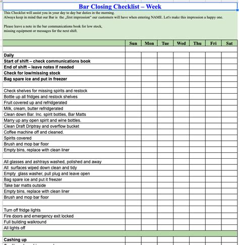 Free Bar cleaning, opening and closing checklist Template google sheets ...