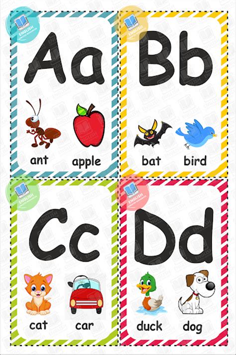 four different alphabets with pictures of animals and letters