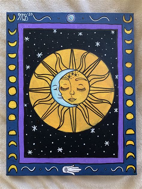 Sun and Moon Painting with Evil Eye and Hamsa for Protection