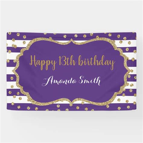 Happy 13th Birthday Banner Purple Gold Glitter | Zazzle.com