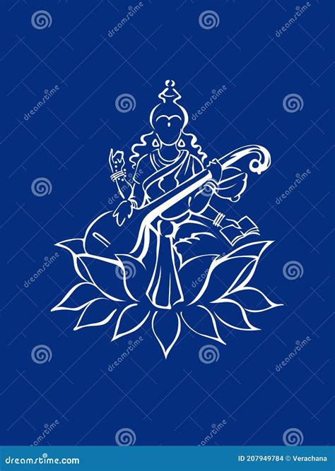 Saraswati, Hindu Goddess of Knowledge, Sitting on Lotus Flower and ...