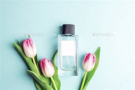 Perfume bottle and tulip flowers on blue background. Top view, flat lay ...