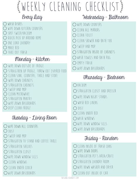 Free Downloadable – Weekly Cleaning Checklist