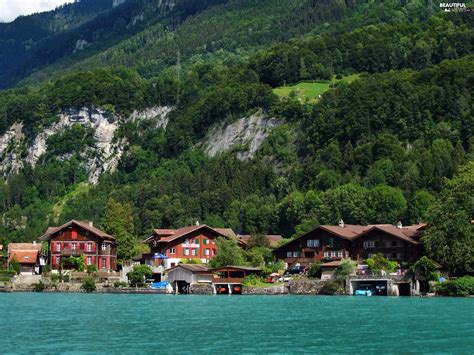 Mountains, lake, Switzerland, Houses - Beautiful views wallpapers ...