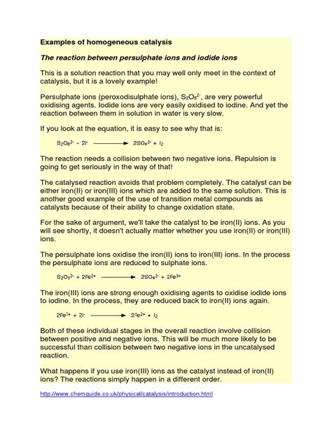 Examples of Homogeneous Catalysis | Catalysis | Redox