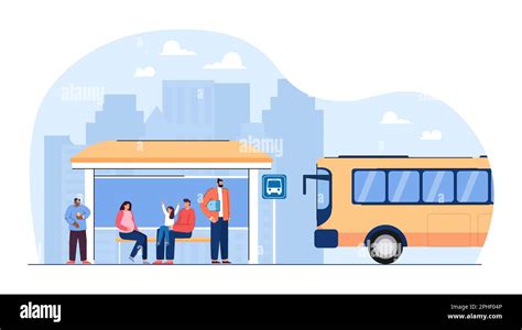 Cartoon people waiting for public transport at bus stop Stock Vector ...