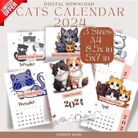 Cat Calendar 2024 Wall Calendar 2024 DIGITAL DOWNLOAD 2024 Funny ...