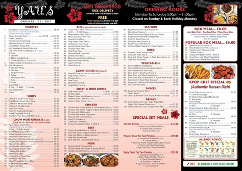 Menu at Yau's Oriental Delight restaurant, London, 173 Whitehorse Ln