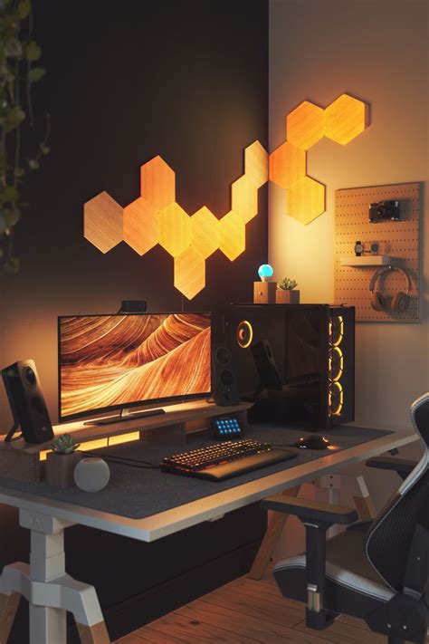 Sleek Workplace Setup with Wood Look Wall Light Panels That Glow ...