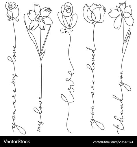 Set line art flowers with lettering Royalty Free Vector