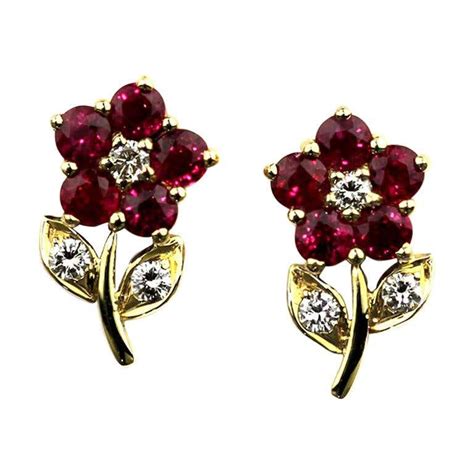 Ruby Diamond Cluster Earstuds at 1stDibs