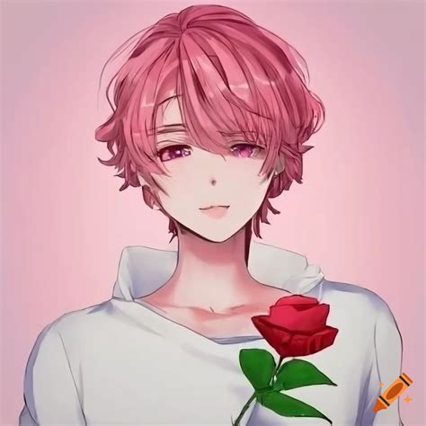 Illustration of an anime yandere man with pink hair and rose on Craiyon