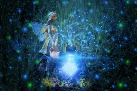 Image of Magical Little Fairy in the Night Forest. Stock Image - Image ...