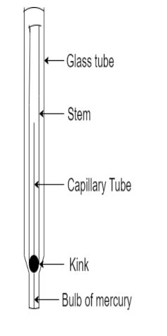 Write a neat diagram of the clinical thermometer and label the parts.