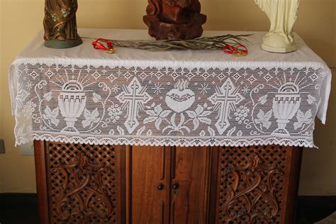 Home Altar Cloth Catholic White Liturgical Lace Sacred Heart Crosses ...