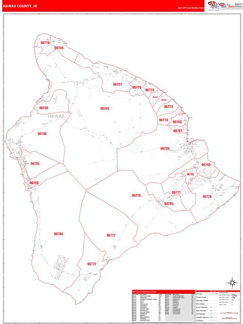 Hawaii County, HI Zip Code Wall Map Red Line Style by MarketMAPS - MapSales