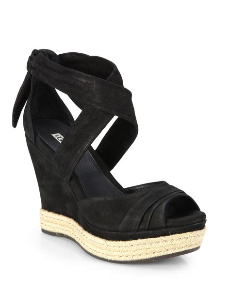 Ugg Lucy Suede Tie-Up Wedge Sandals in Black | Lyst