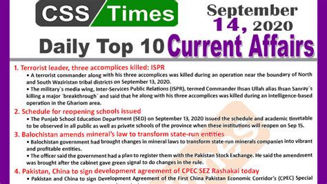 Daily Top-10 Current Affairs MCQs / News (September 14, 2020) for CSS, PMS