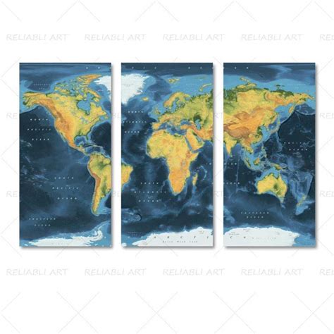 3 Panels World Map Canvas Paintings – Original Frame