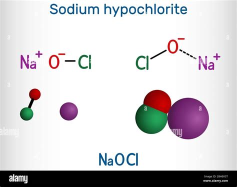 Sodium hypochlorite, NaOCl molecule. It contains a sodium cation and a ...