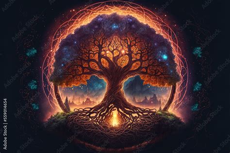 Tree of life Yggdrasil norse mythology, center of universe. Magical ...