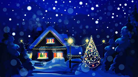 House And Decorated Christmas Tree In Blue Background HD Christmas ...